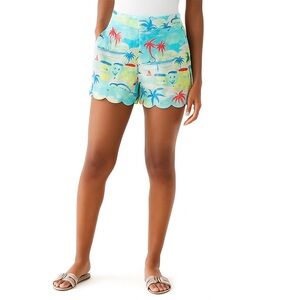Crown & Ivy Tropical Nautical Boat Print Scalloped Hem Shorts Blue Green Size 16